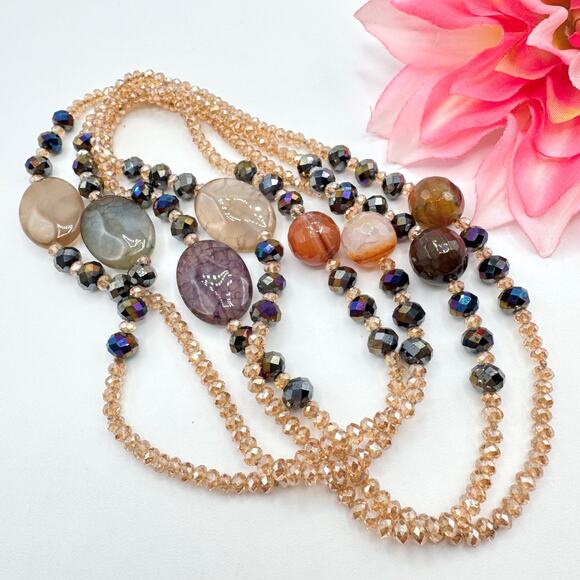 Ethereal 56” Peach Bead & Dyed Agate Flapper Length Necklace Fairy Sparkling - Picture 1 of 11